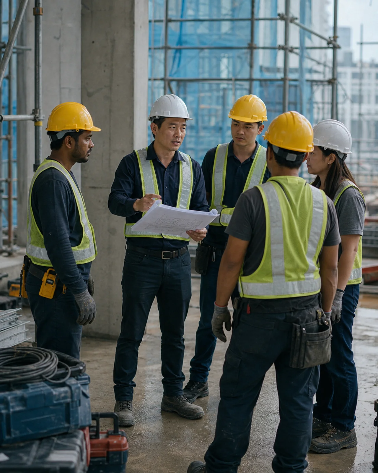 Construction team coordinating work