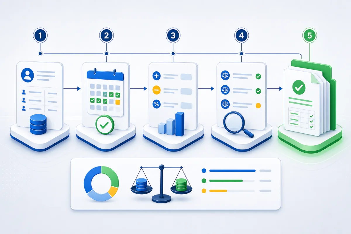 Five-stage payroll readiness and reconciliation process